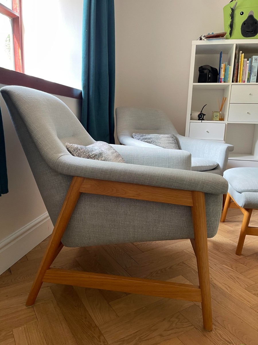 West Elm blue theo armchairs and foot stool UK