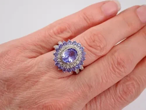 4 Ct Oval Tanzanite Lab-Created Flower Halo Engagement Ring 14K White Gold Over - Image 4 of 4