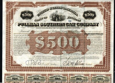 1876  GEORGE PULLMAN signs a Pullman Southern Car Co RARE stock certificate bond