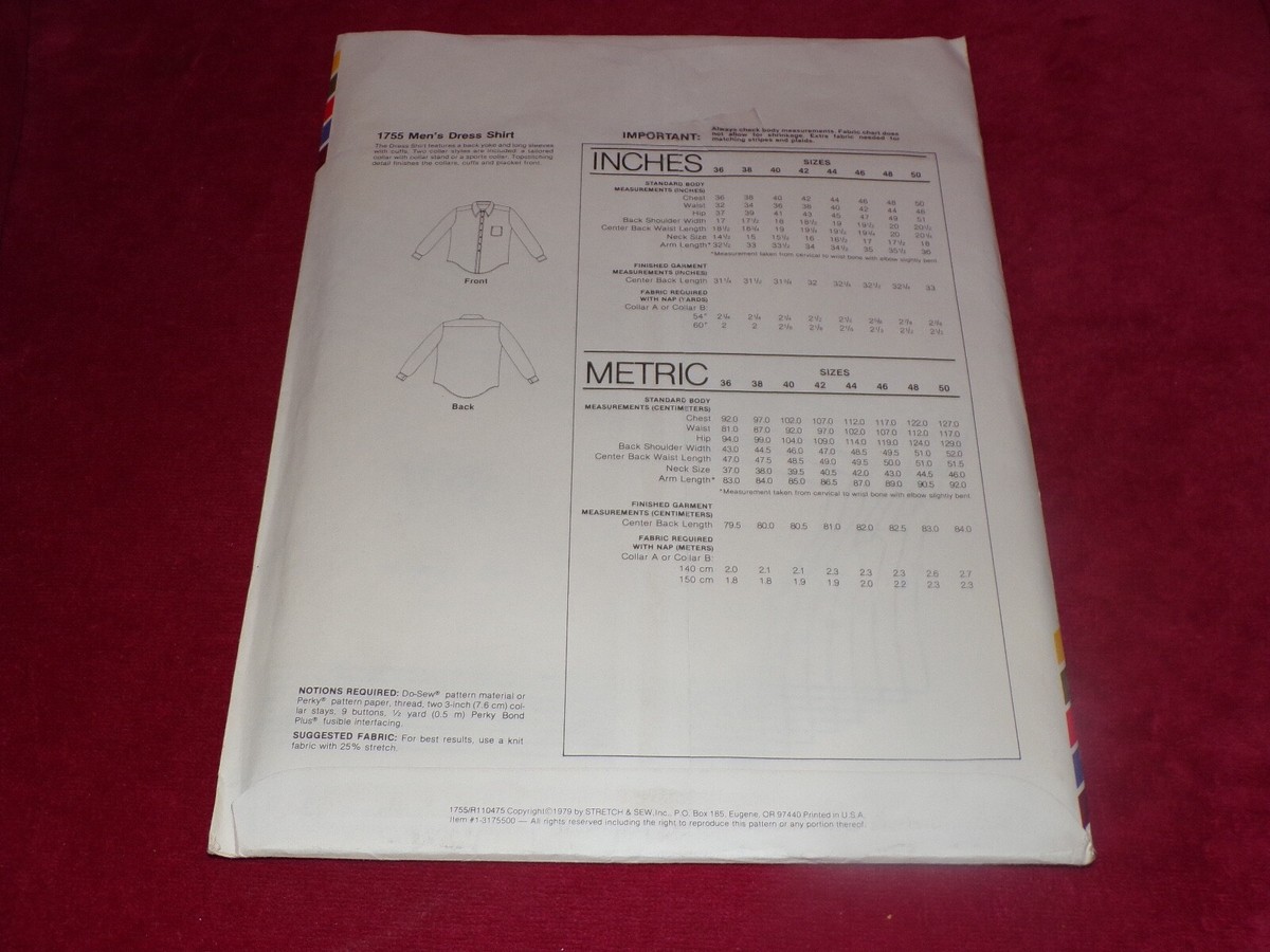 🌹 STRETCH & SEW #1755 - MEN'S LONG SLEEVE DRESS SHIRT PATTERN CH