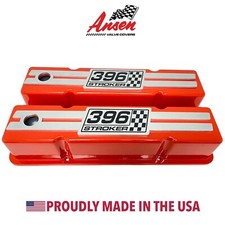 396 Stroker Small Block Chevy Tall Orange Valve Covers - Engraved Billet Top