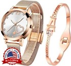 Set de regalo de reloj de mujer con pulsera de oro rosa sencillo y fino US NUEVO