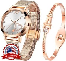 Set de regalo de reloj de mujer con pulsera de oro rosa sencillo y fino US NUEVO