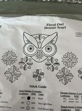 Herrschners Stamped Cross Stitch Embroidery Dresser Scarf - Floral Owl