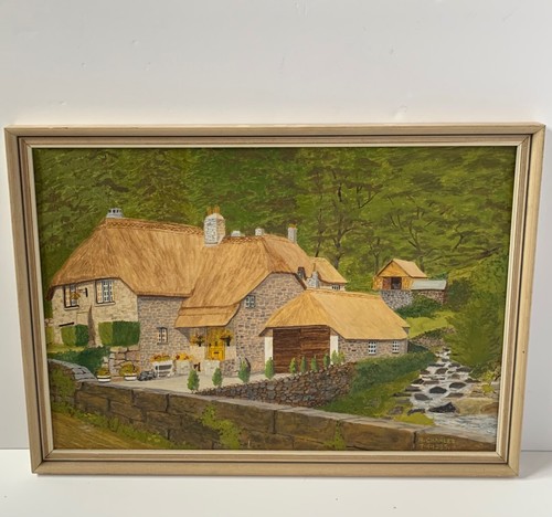 VINTAGE LANDSCAPE OIL PAINTING HOUSE GARDEN BUCKLAND IN THE MOOR DEVON R CHARLES - Picture 7 of 24