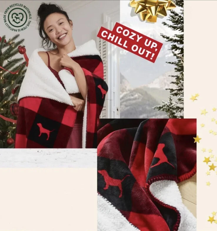 NUEVA VICTORIA’S SECRET ROSA Perro Sherpa Manta Franela Roja Búfalo Cuadros Vacaciones Foto 2 de 4