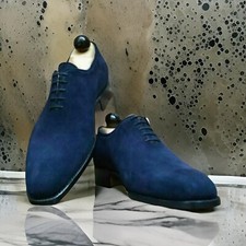 New Handmade Comfortable Genuine Blue Suede Oxford Lace up Formal Shoes For Men