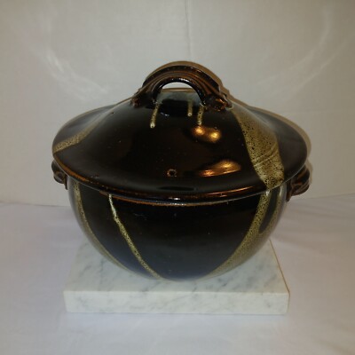 Studio Pottery Brown Glazed Lidded Colander Berry Bowl Or Garlic Keeper