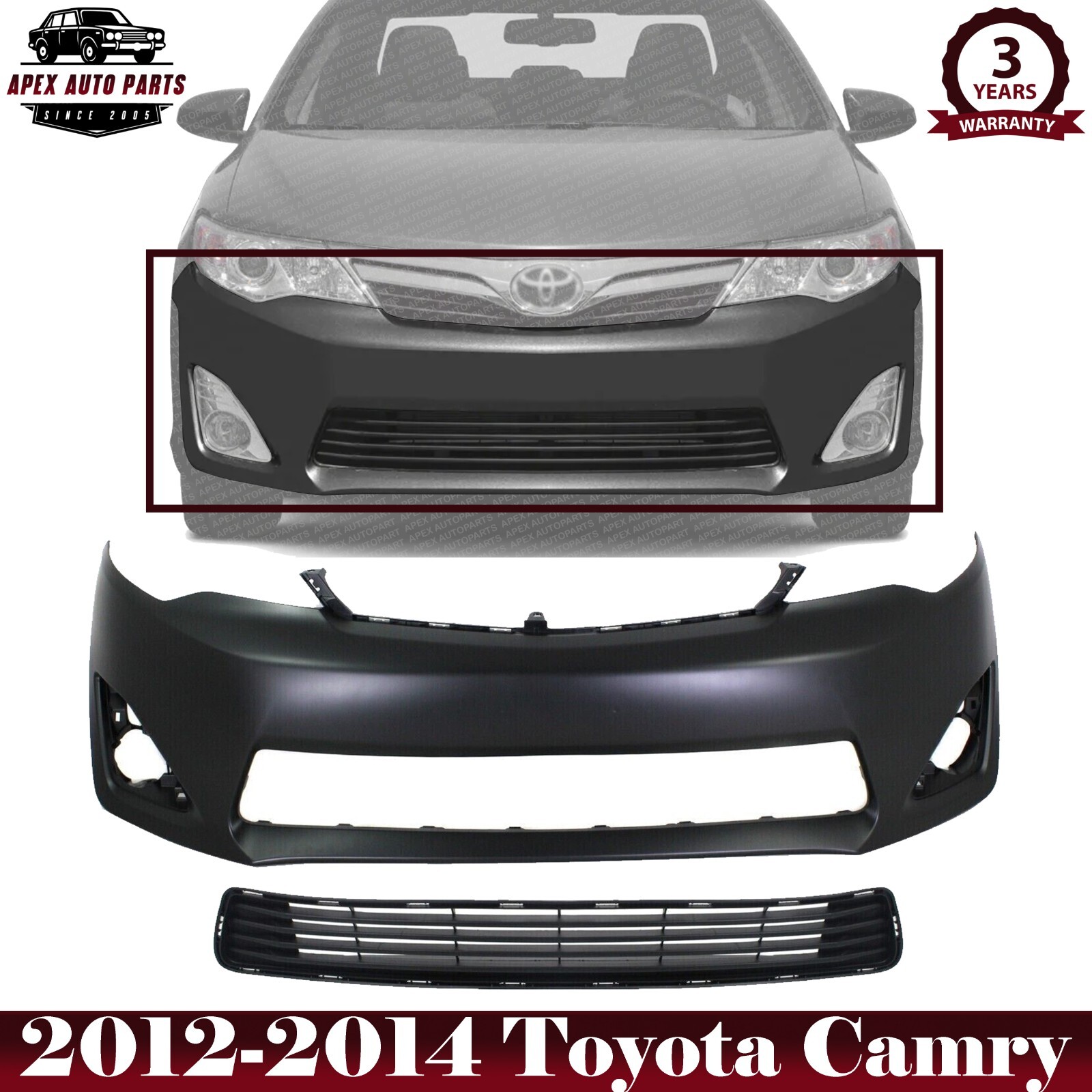 Front Bumper Cover Primed + Grille Textured Plastic For 2012-2014 Toyota Camry