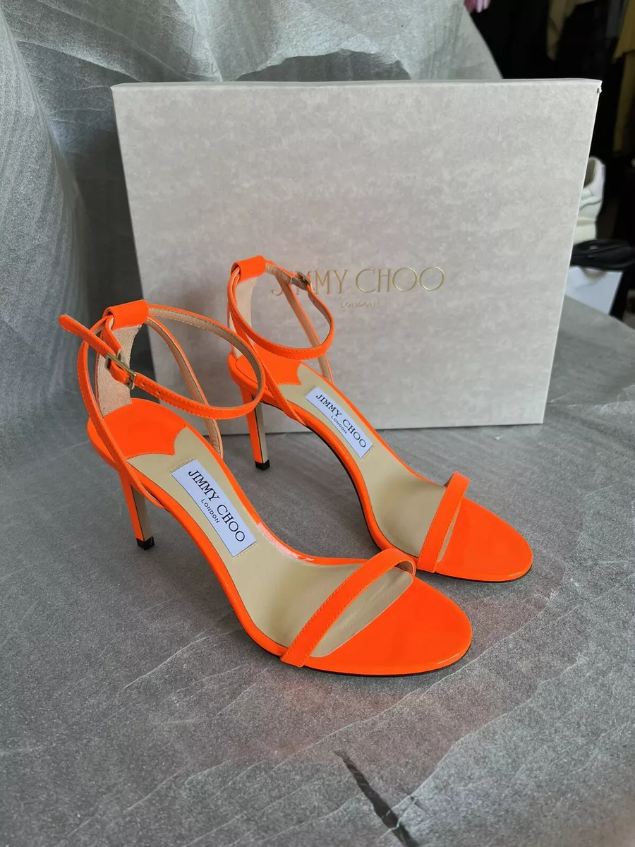 Jimmy Choo Minny Paten Leather 85mm Ankle Strap Sandal Orange EU39 5 US9 5 750