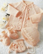 Baby Matinee Coat Bonnet Bootees picot edge 16-20" Knitting Pattern 4ply 215