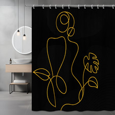 Modern Black Shower Curtain with Yellow Line Art Design