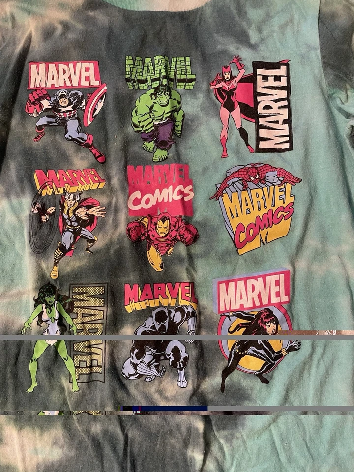 Marvel Green Tie Die T-Shirt Boys SZ S Hulk Thor Shehulk Ironman Scarlett Witch - Image 2 of 3