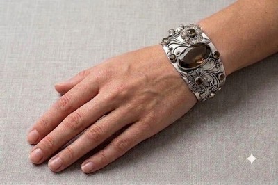 925 Sterling Silver Smoky Quartz Gemstone Jewelry Cuff Bracelet Size-ADJ