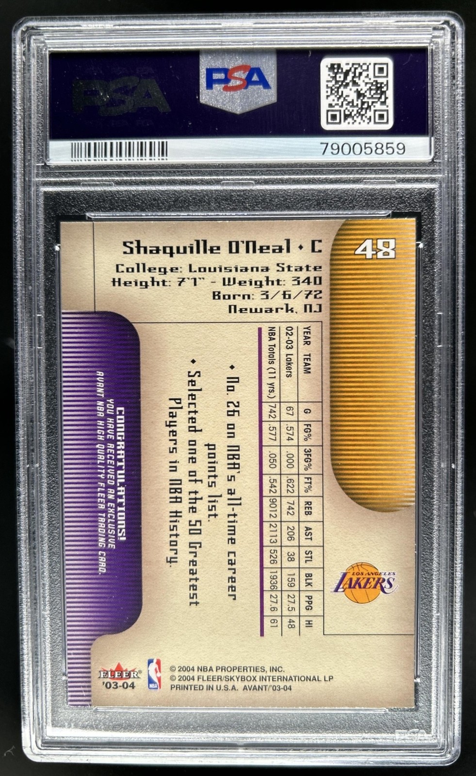 2003-04 Fleer Avant Shaquille O'Neal #48 Lakers PSA 10 GEM MINT view 2
