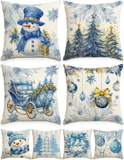 Christmas Pillow Covers 18×18 18 x 18 (Pack of 4), Luxury Blue Gold Snowman 