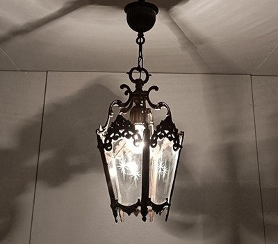 Brass Etched Glass Lantern Pendant Ceiling Fixture Vintage 1 light Chandelier