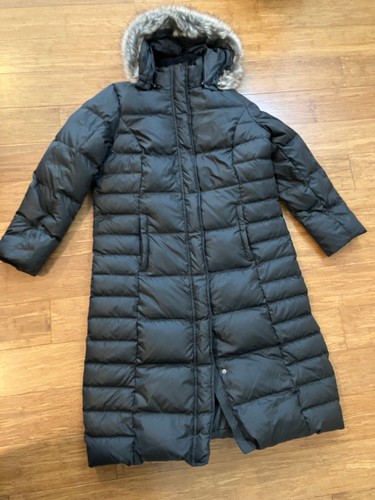Eddie Bauer Womens XL Black Down Parka Long Puffer Coat Faux Fur Hood 80% Down