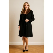Vintage black wool fur trimmed trench coat