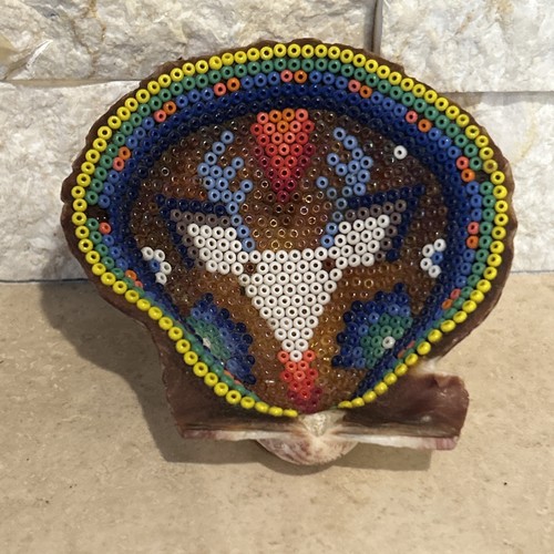 Traditional Huichol Seed Beaded  Shell Handmade Mexican Folk Art Vintage 3”