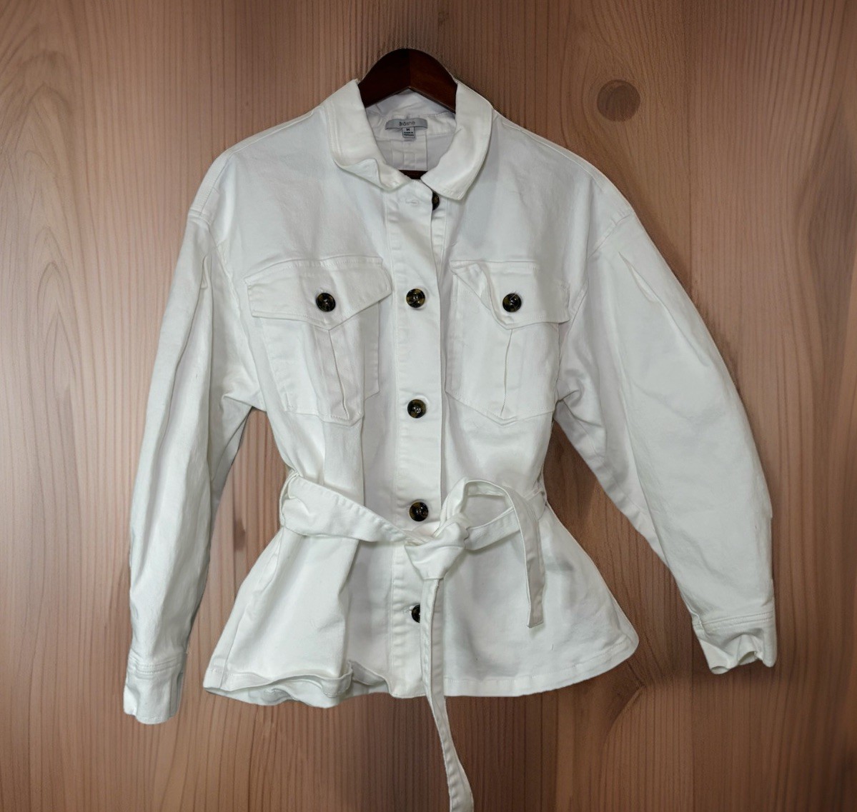 Bláshe White Belted Utility Jacket Womens Medium Cotton Button Front Safari
