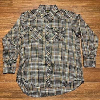 Vintage Tem-Tex Plaid Pearl Snap Shirt L Button Multicolor WesternPocket Tee 70s