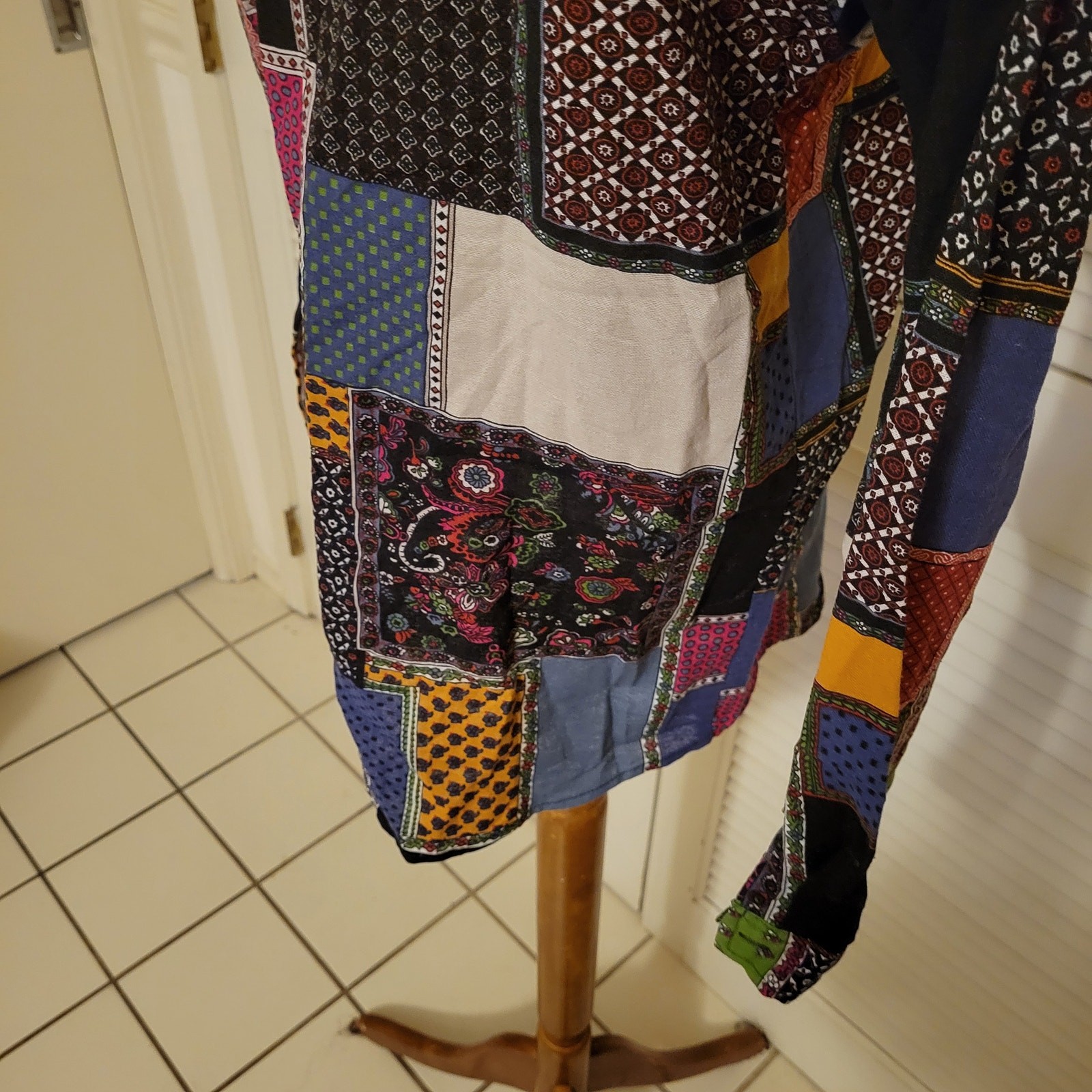 Boho Patchwork Cotton Linen Blend Button Down Blo… - image 6