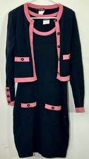 Vtg 1995 CHANEL Cashmere Cardigan & Dress 2 PC Set Black-Pink Autumn Collection