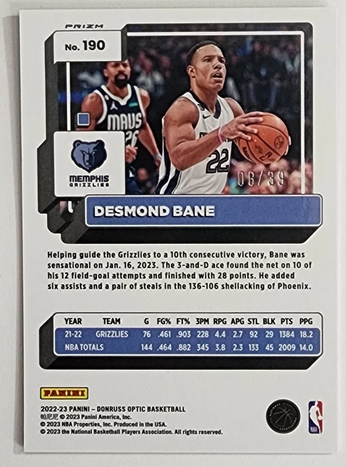 2022-23 Donruss Optic Black Velocity Desmond Bane Memphis Grizzlies /39 - Image 3 of 3