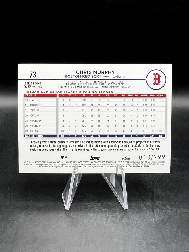 2024 Topps Series 1 CHRIS MURPHY Red Foil /199 RC SP #73 Boston Red Sox - Image 2 of 2