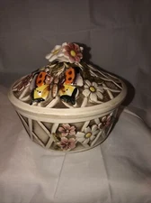 Vintage Ceramic Covered Dish with 3D Flower Handle Basket Weave & Butterflies