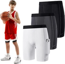 Handepo 3 Pack Youth Boys Compression Shorts Large, Black, White and Gray 