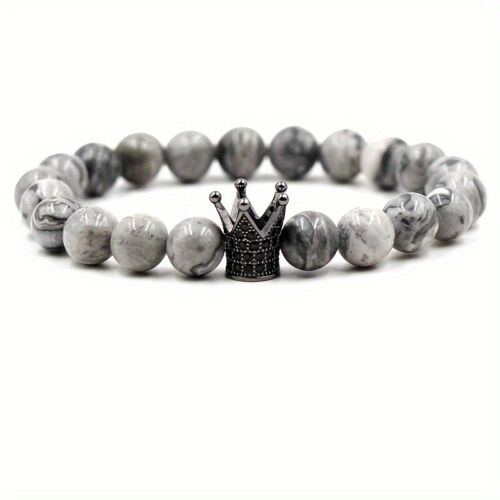 Bracelet homme couronne en pierre naturelle 8 mm agate perles cuivre micro-insert zircon - Photo 1 sur 8