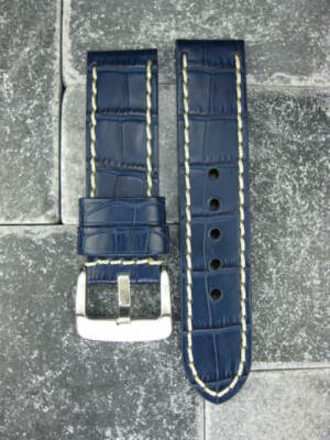 24mm BIG CROCO Leather Strap Blue Thick Watch Band Belt White