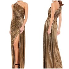 Mac Duggal IEENA NWT One Shoulder Grecian Metallic Antique Gown Gold Size 14