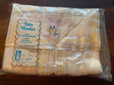 Vintage Bunnytex Baby Blanket Acrylic Satin Edges Yellow Blue Stripes 50"x34"