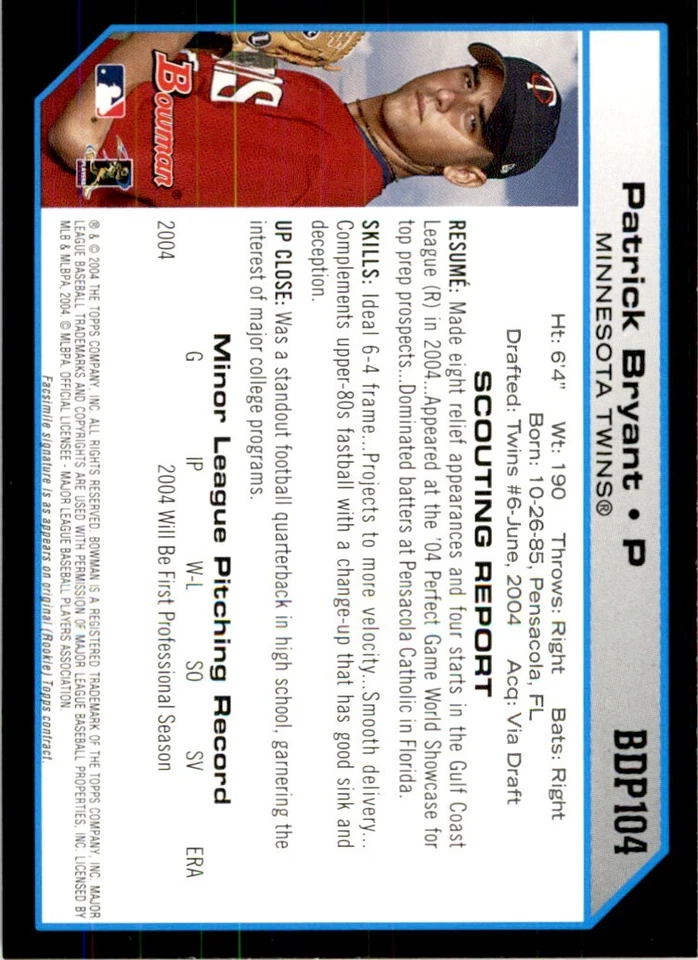 2004 BOWMAN PAT BRYANT MINNESOTA TWINS #BDP104 - Image 2 of 2