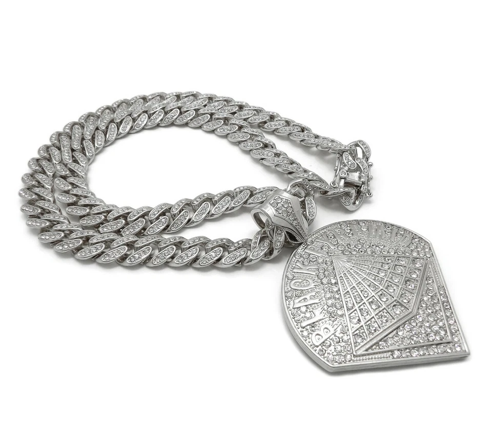 COLLAR CADENA ESLABÓN CUBANO PLATA COLGANTE CHRIS MARRÓN PIRÁMIDE NEGRA HELADA HIP HOP Foto 3 de 4