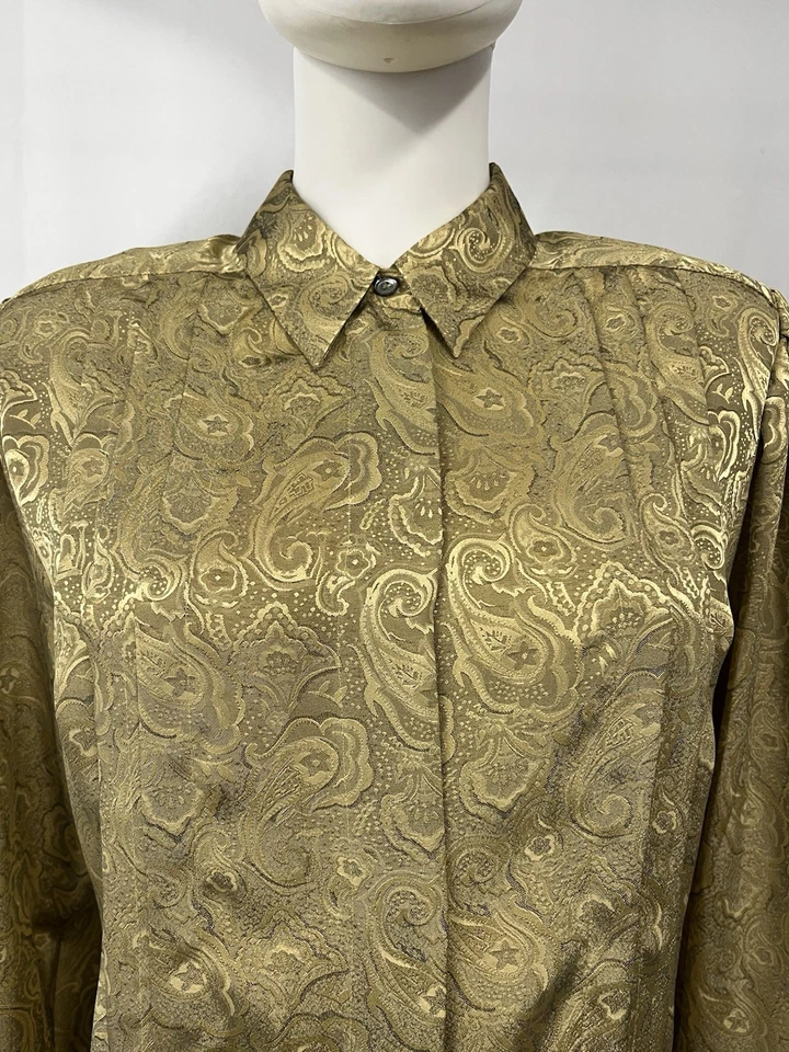 Blusa femenina vintage Liz Claiborne opulenta barroca plisada dorada para mujer 12 Foto 2 de 4