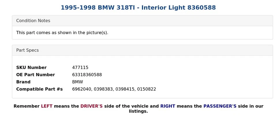 1995-1998 BMW 318TI - Interior Light 8360588 - Image 3 of 3