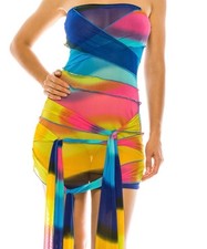 Multicolor Strapless Mesh Bodycon Mini Dress Tie Accent