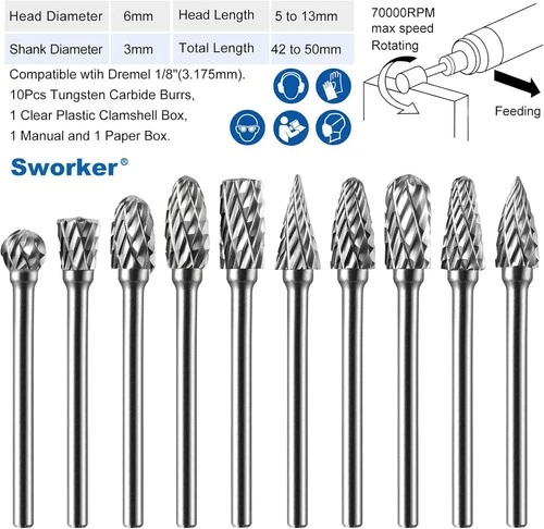 10 Pcs Carbide Burr Set 1/8" Shank Compatible with Dremel Milwaukee Bits Rotary  - Picture 2 of 9