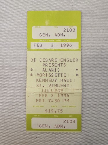 Alanis Morissette 2/2/1996 Ticket Stub St. Vincent College Latrobe, PA Gen Adm - Picture 1 of 3