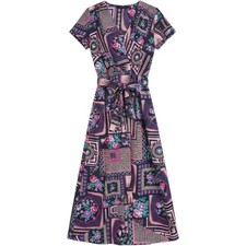 Fraiche by J Faux Wrap Midi Dress L Navy Purple Pink Floral Scarf Print Boho USA