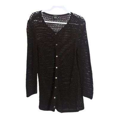 Eddie Bauer Vintage Cardigan Open Knit Crochet Brown Boho Coastal Cottage Sz XL