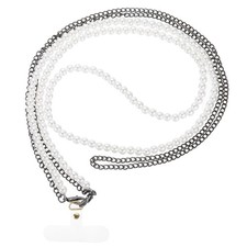 Pearl Crossbody Phone Lanyard, Cell Phone Chain Strap with Tether Patches, Black