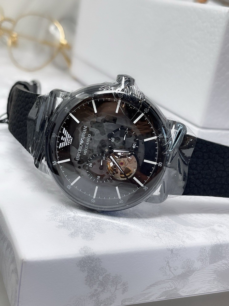 Emporio Armani AR60028 Meccanico Skeleton Dial Black Leather Men's