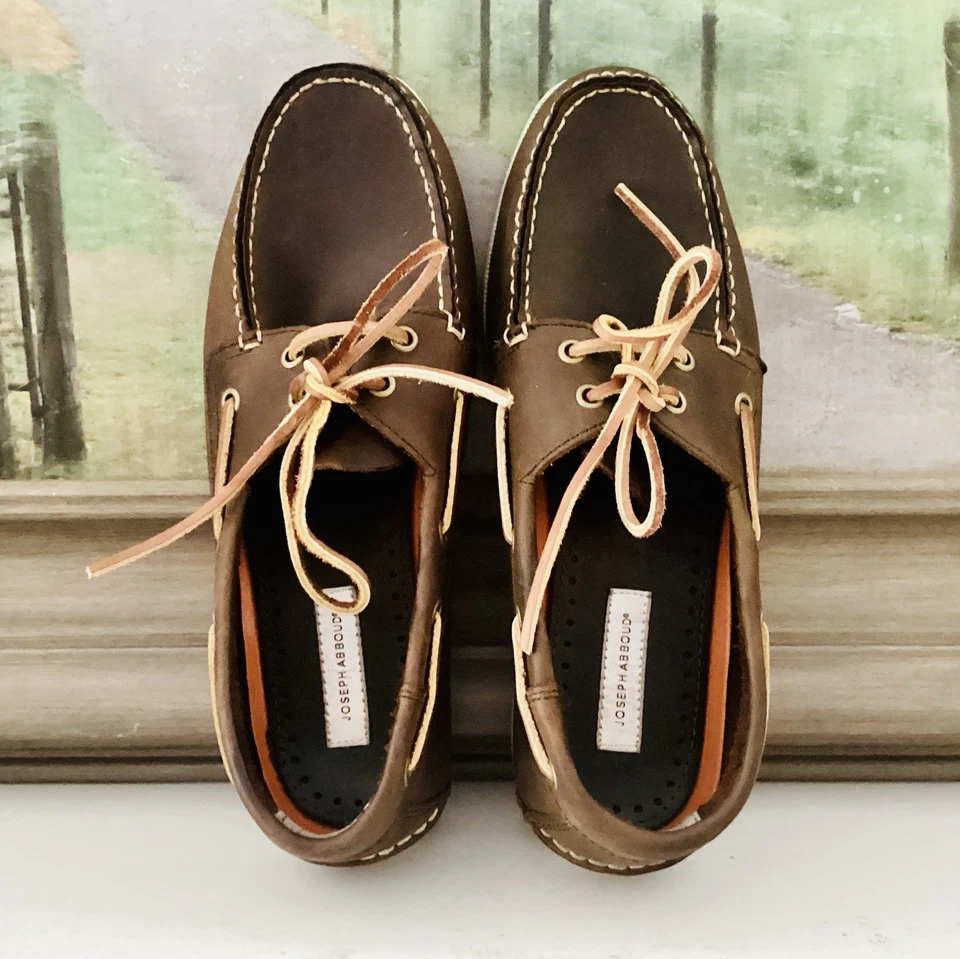 Joseph Abboud Hombres 10 D Cuero Marrón Sin Cordones Informales Barco Zapatos Todos los Días Preppy Foto 2 de 4