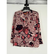 Tory Burch Tunic Womens 4 Pink Leopard Floral Silk Long Sleeve V-Neck Blouse