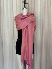 Vintage 1960s Ladies Scarf 29" X 79" Viscose Gold and Pink Jacquard